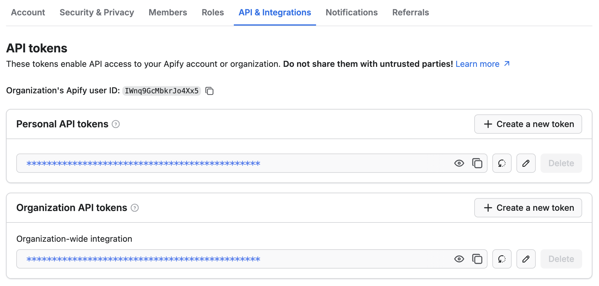 Integration tokens